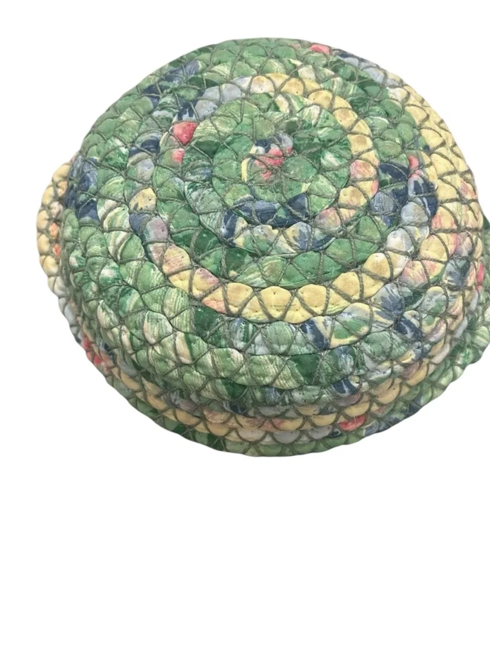 Vintage green braided rag rug basket with handles